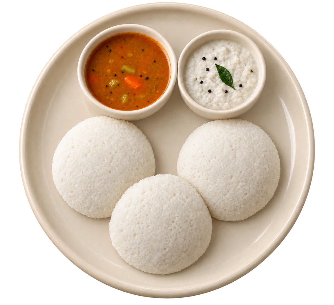 Idlis served with chutneys and sambar