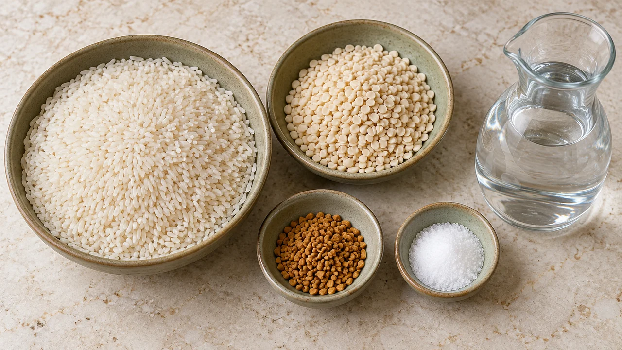 Illustration of rice, split urad dal, fenugreek seeds, salt and purified water in ceramic bowls